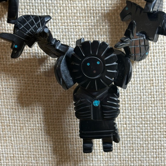 Native Made  Jet Kachina Necklace with turquoise inlay - Picture 3 of 4
